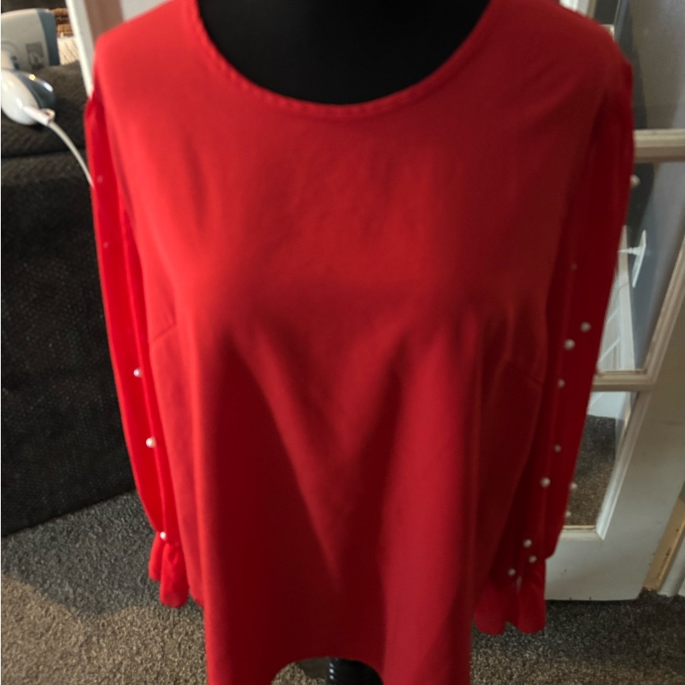 SHEIN Vibrant Red Blouse with Pearl Sleeve Details